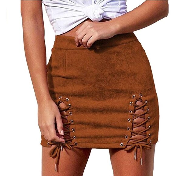 Brown Faux Suede High Waist Lace‎ Up Corset Bodycon Stretch Short Mini Skirt - Picture 1 of 4